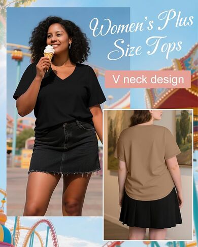 3 Pack Women's Plus Size T-Shirts, V Neck Short Sleeve Shirts Loose Fit Curved Hem Tees Casual Swing Tops in Kuwait