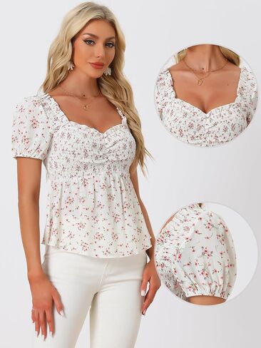 Allegra K Puff Short Sleeve Floral Blouse for Women's Sweetheart Neck Shirred Ruffle Peplum Top in Kuwait