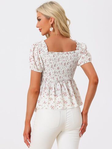 Allegra K Puff Short Sleeve Floral Blouse for Women's Sweetheart Neck Shirred Ruffle Peplum Top in Kuwait