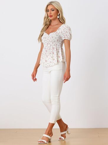 Allegra K Puff Short Sleeve Floral Blouse for Women's Sweetheart Neck Shirred Ruffle Peplum Top in Kuwait
