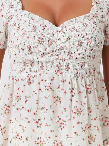 Allegra K Puff Short Sleeve Floral Blouse for Women's Sweetheart Neck Shirred Ruffle Peplum Top in Kuwait