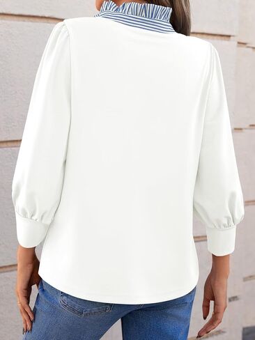 جرس Cicy Womens 3/4 طول الأكمام نفخة قمة أنيقة الكشكش غير الرسمي بلوزات الرقبة بلوك كتلة فضفاضة قمم ملائمة in Saudi Arabia