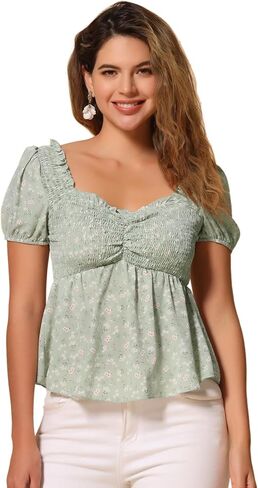 Allegra K Puff Short Sleeve Floral Blouse for Women's Sweetheart Neck Shirred Ruffle Peplum Top in Kuwait
