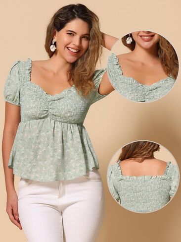 Allegra K Puff Short Sleeve Floral Blouse for Women's Sweetheart Neck Shirred Ruffle Peplum Top in Kuwait