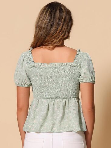 Allegra K Puff Short Sleeve Floral Blouse for Women's Sweetheart Neck Shirred Ruffle Peplum Top in Kuwait