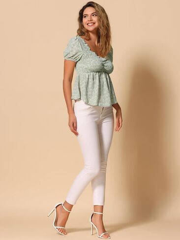 Allegra K Puff Short Sleeve Floral Blouse for Women's Sweetheart Neck Shirred Ruffle Peplum Top in Kuwait