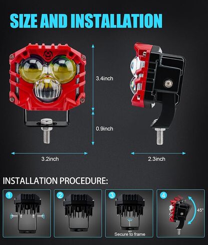 4-pack 2.5inch three-eye 120W spotlights 10800LM with Dual pods JL A-Pillar Windshield Hinge Mounting Brackets Wiring Harness Kit, For Wrangler JL/JLU 2018-2023 Gladiator JT 2020-2023 (Red) in Saudi Arabia