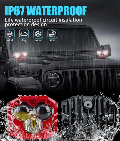 4-pack 2.5inch three-eye 120W spotlights 10800LM with Dual pods JL A-Pillar Windshield Hinge Mounting Brackets Wiring Harness Kit, For Wrangler JL/JLU 2018-2023 Gladiator JT 2020-2023 (Red) in Saudi Arabia