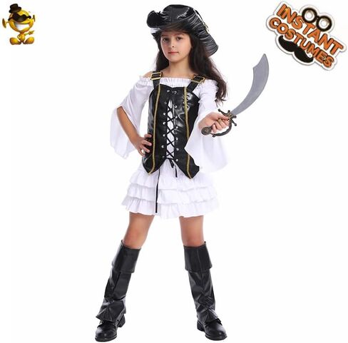 Tempura Little Girl Halloween Assume Pirate Dress Long Sleeve Lace Midi Dress+Cosplay Party Club Vest+Weist Belt+Headloy in Kuwait