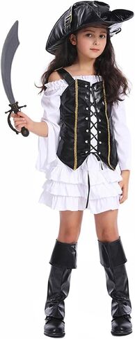 Tempura Little Girl Halloween Assume Pirate Dress Long Sleeve Lace Midi Dress+Cosplay Party Club Vest+Weist Belt+Headloy in Kuwait
