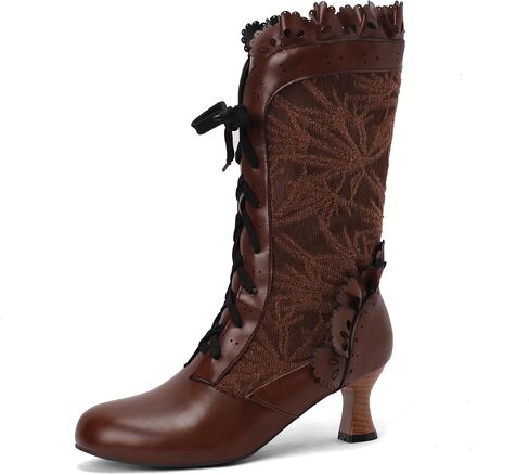 Women Victorian Boots Chunky Heels Lace up Cute Bow Knot Cosplay Costumes Witch Medieval Renaissance Mid-Calf Goth Boots Vintage Gothic Character Dance Kawaii Lolita Shoes in Kuwait
