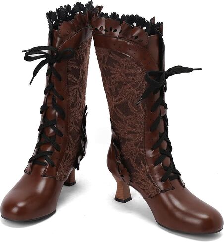 Women Victorian Boots Chunky Heels Lace up Cute Bow Knot Cosplay Costumes Witch Medieval Renaissance Mid-Calf Goth Boots Vintage Gothic Character Dance Kawaii Lolita Shoes in Kuwait