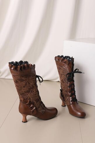 Women Victorian Boots Chunky Heels Lace up Cute Bow Knot Cosplay Costumes Witch Medieval Renaissance Mid-Calf Goth Boots Vintage Gothic Character Dance Kawaii Lolita Shoes in Kuwait