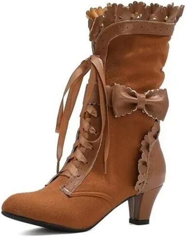 Women Victorian Boots Chunky Heels Lace up Cute Bow Knot Cosplay Costumes Witch Medieval Renaissance Mid-Calf Goth Boots Vintage Gothic Character Dance Kawaii Lolita Shoes in Kuwait