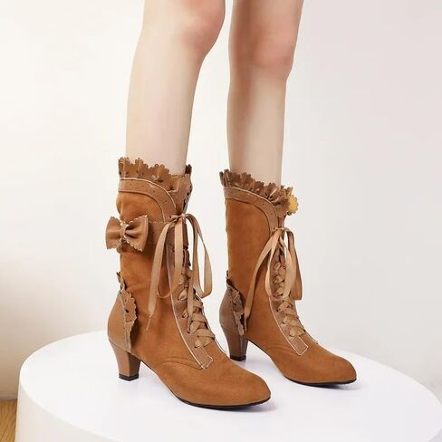 Women Victorian Boots Chunky Heels Lace up Cute Bow Knot Cosplay Costumes Witch Medieval Renaissance Mid-Calf Goth Boots Vintage Gothic Character Dance Kawaii Lolita Shoes in Kuwait