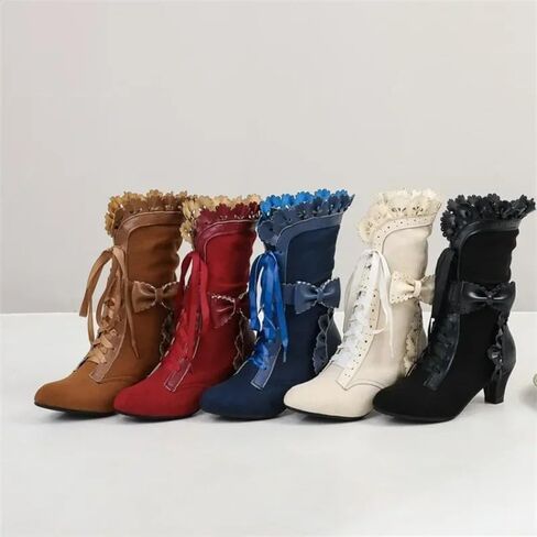 Women Victorian Boots Chunky Heels Lace up Cute Bow Knot Cosplay Costumes Witch Medieval Renaissance Mid-Calf Goth Boots Vintage Gothic Character Dance Kawaii Lolita Shoes in Kuwait