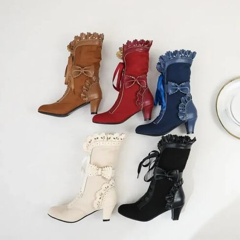 Women Victorian Boots Chunky Heels Lace up Cute Bow Knot Cosplay Costumes Witch Medieval Renaissance Mid-Calf Goth Boots Vintage Gothic Character Dance Kawaii Lolita Shoes in Kuwait