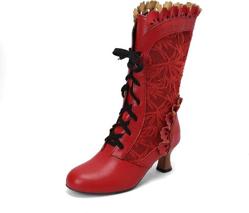 Women Victorian Boots Chunky Heels Lace up Cute Bow Knot Cosplay Costumes Witch Medieval Renaissance Mid-Calf Goth Boots Vintage Gothic Character Dance Kawaii Lolita Shoes in Kuwait