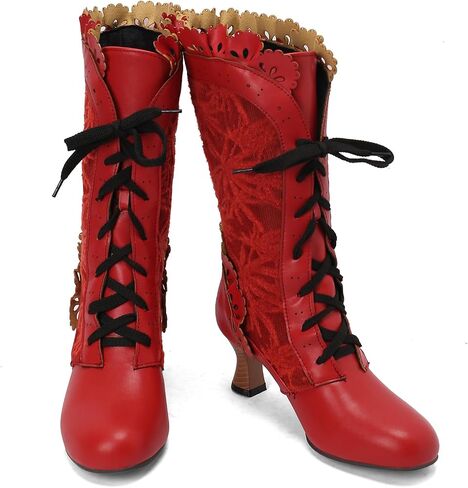 Women Victorian Boots Chunky Heels Lace up Cute Bow Knot Cosplay Costumes Witch Medieval Renaissance Mid-Calf Goth Boots Vintage Gothic Character Dance Kawaii Lolita Shoes in Kuwait