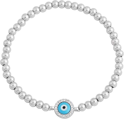 My Daily Styles Sterling Silver Evil Eye Beaded Stretch Bracelet, Blue Simulated Turquoise Center with Crystal Accents in Saudi Arabia