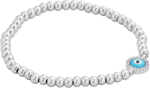 My Daily Styles Sterling Silver Evil Eye Beaded Stretch Bracelet, Blue Simulated Turquoise Center with Crystal Accents in Saudi Arabia
