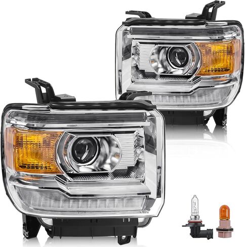 مجموعة المصباح المتوافق مع GMC Sierra 2014-2018 1500 | 2015-2019 2500HD/3500HD BASE/DENALI/SLE/SLT ، استبدال المصابيح الأمامية الهالوجين W/O LED DRL ، مع لمبات ، عاكس مكمور Chrome. in Saudi Arabia