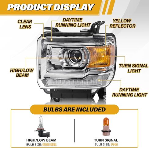 مجموعة المصباح المتوافق مع GMC Sierra 2014-2018 1500 | 2015-2019 2500HD/3500HD BASE/DENALI/SLE/SLT ، استبدال المصابيح الأمامية الهالوجين W/O LED DRL ، مع لمبات ، عاكس مكمور Chrome. in Saudi Arabia