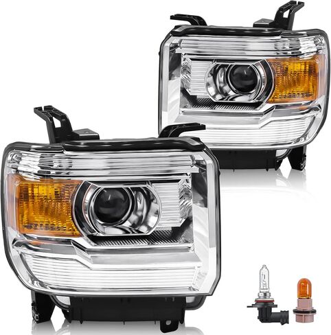 Headlight Assembly Compatible with GMC Sierra 2014-2018 1500 | 2015-2019 2500HD/3500HD Base/Denali/SLE/SLT, Halogen Headlamp Replacement W/O LED DRL, With Bulbs, Chrome Housing Amber Reflector in Saudi Arabia