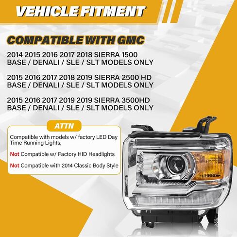 مجموعة المصباح المتوافق مع GMC Sierra 2014-2018 1500 | 2015-2019 2500HD/3500HD BASE/DENALI/SLE/SLT ، استبدال المصابيح الأمامية الهالوجين W/O LED DRL ، مع لمبات ، عاكس مكمور Chrome. in Saudi Arabia