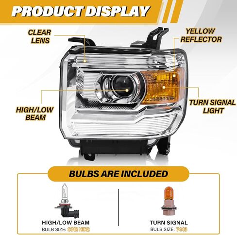 Headlight Assembly Compatible with GMC Sierra 2014-2018 1500 | 2015-2019 2500HD/3500HD Base/Denali/SLE/SLT, Halogen Headlamp Replacement W/O LED DRL, With Bulbs, Chrome Housing Amber Reflector in Saudi Arabia