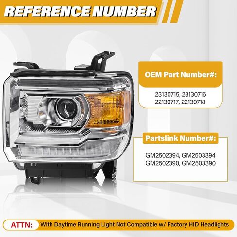مجموعة المصباح المتوافق مع GMC Sierra 2014-2018 1500 | 2015-2019 2500HD/3500HD BASE/DENALI/SLE/SLT ، استبدال المصابيح الأمامية الهالوجين W/O LED DRL ، مع لمبات ، عاكس مكمور Chrome. in Saudi Arabia
