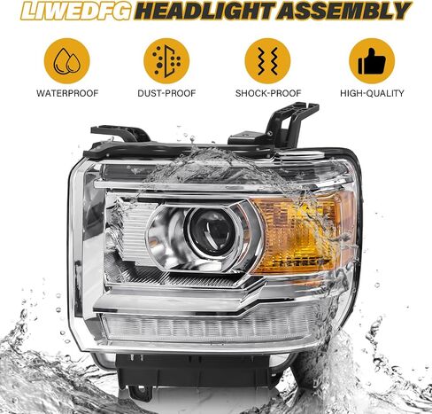 مجموعة المصباح المتوافق مع GMC Sierra 2014-2018 1500 | 2015-2019 2500HD/3500HD BASE/DENALI/SLE/SLT ، استبدال المصابيح الأمامية الهالوجين W/O LED DRL ، مع لمبات ، عاكس مكمور Chrome. in Saudi Arabia