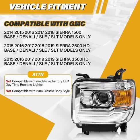 Headlight Assembly Compatible with GMC Sierra 2014-2018 1500 | 2015-2019 2500HD/3500HD Base/Denali/SLE/SLT, Halogen Headlamp Replacement W/O LED DRL, With Bulbs, Chrome Housing Amber Reflector in Saudi Arabia
