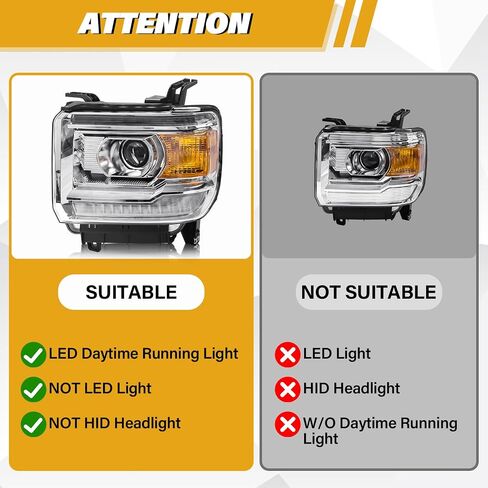 مجموعة المصباح المتوافق مع GMC Sierra 2014-2018 1500 | 2015-2019 2500HD/3500HD BASE/DENALI/SLE/SLT ، استبدال المصابيح الأمامية الهالوجين W/O LED DRL ، مع لمبات ، عاكس مكمور Chrome. in Saudi Arabia