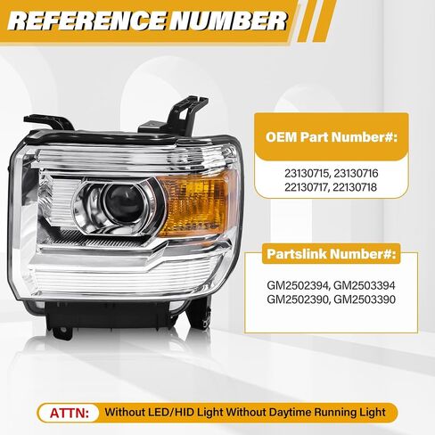 Headlight Assembly Compatible with GMC Sierra 2014-2018 1500 | 2015-2019 2500HD/3500HD Base/Denali/SLE/SLT, Halogen Headlamp Replacement W/O LED DRL, With Bulbs, Chrome Housing Amber Reflector in Saudi Arabia