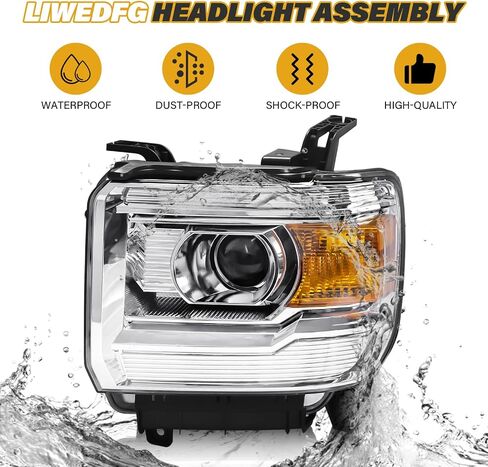 Headlight Assembly Compatible with GMC Sierra 2014-2018 1500 | 2015-2019 2500HD/3500HD Base/Denali/SLE/SLT, Halogen Headlamp Replacement W/O LED DRL, With Bulbs, Chrome Housing Amber Reflector in Saudi Arabia