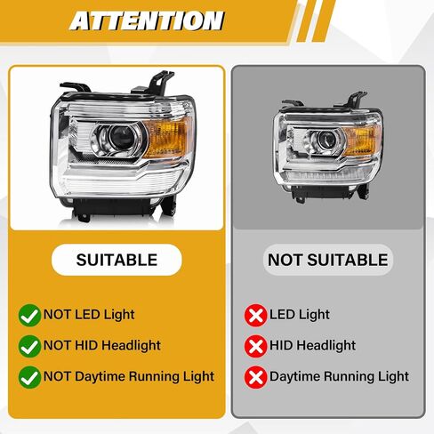 Headlight Assembly Compatible with GMC Sierra 2014-2018 1500 | 2015-2019 2500HD/3500HD Base/Denali/SLE/SLT, Halogen Headlamp Replacement W/O LED DRL, With Bulbs, Chrome Housing Amber Reflector in Saudi Arabia