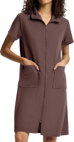 SIORO Zipper Robes for Women Waffle Knit Bathrobes Short Sleeve House Coat Lightweight Knee Length Loungewear with Pockets in Kuwait
