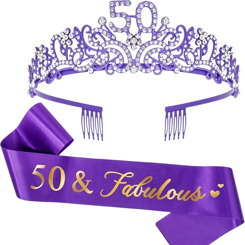 عيد ميلاد ondder 50 عيد ميلاد Sash Purple Birthday Tiara و Sash for Women 50 عيد ميلاد و Crown for Women 40 & Fabulous Sash Decorts Party Decifices for Barty Favors Suppors in Kuwait