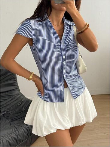GORGLITTER Women's Striped Fitted Button Up Shirt Cropped Ruched Cap Sleeve Collar Work Office Blouse Dressy Tops in Saudi Arabia