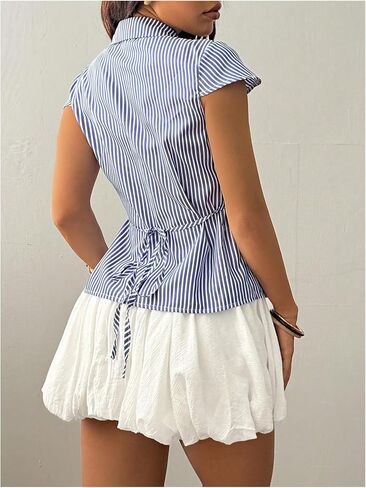 GORGLITTER Women's Striped Fitted Button Up Shirt Cropped Ruched Cap Sleeve Collar Work Office Blouse Dressy Tops in Saudi Arabia