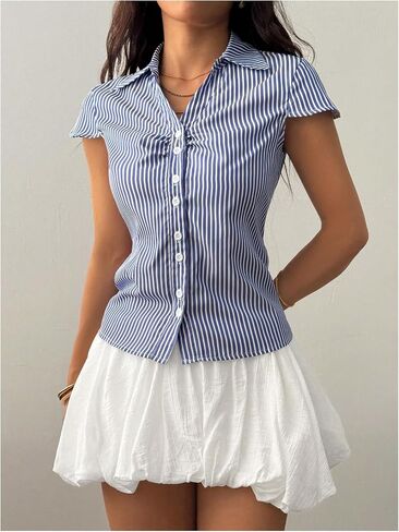 GORGLITTER Women's Striped Fitted Button Up Shirt Cropped Ruched Cap Sleeve Collar Work Office Blouse Dressy Tops in Saudi Arabia