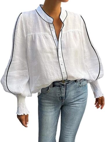 UOOZEE Women's Smocked Cuffed Long Puff Sleeve Loose Fit Dressy Casual Blouses Shirts Contrast Striped Button Down Top in Kuwait