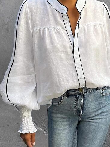 UOOZEE Women's Smocked Cuffed Long Puff Sleeve Loose Fit Dressy Casual Blouses Shirts Contrast Striped Button Down Top in Kuwait