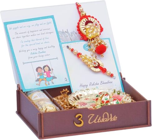 Rakhi Gift Box | Floral Design Bhaiya Bhabhi Rakhi Gift Box with Roli, Chawal, Greeting Card, Thali Set, and Chocolates | Rakhi Gift Set | Rakhi Gift Hamper (Fancy Floral Couple Rakhi) in Kuwait