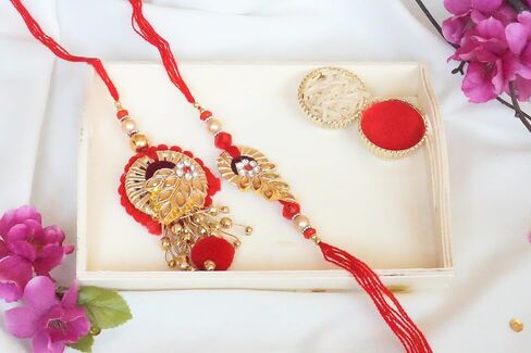Rakhi Gift Box | Floral Design Bhaiya Bhabhi Rakhi Gift Box with Roli, Chawal, Greeting Card, Thali Set, and Chocolates | Rakhi Gift Set | Rakhi Gift Hamper (Fancy Floral Couple Rakhi) in Kuwait