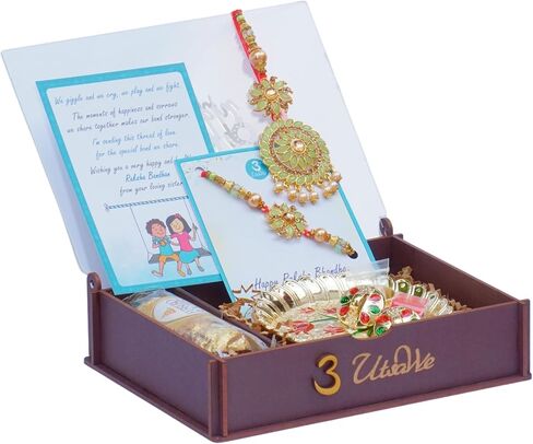 Rakhi Gift Box | Floral Design Bhaiya Bhabhi Rakhi Gift Box with Roli, Chawal, Greeting Card, Thali Set, and Chocolates | Rakhi Gift Set | Rakhi Gift Hamper (Fancy Floral Couple Rakhi) in Kuwait
