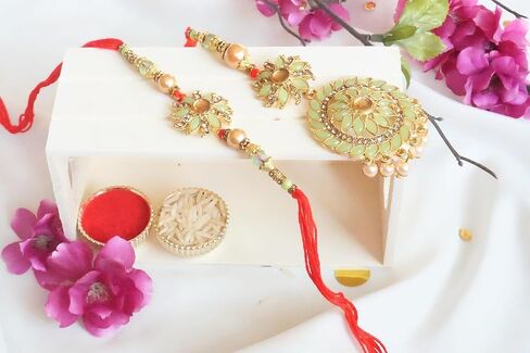 Rakhi Gift Box | Floral Design Bhaiya Bhabhi Rakhi Gift Box with Roli, Chawal, Greeting Card, Thali Set, and Chocolates | Rakhi Gift Set | Rakhi Gift Hamper (Fancy Floral Couple Rakhi) in Kuwait