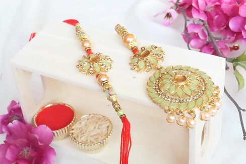 Rakhi Gift Box | Floral Design Bhaiya Bhabhi Rakhi Gift Box with Roli, Chawal, Greeting Card, Thali Set, and Chocolates | Rakhi Gift Set | Rakhi Gift Hamper (Fancy Floral Couple Rakhi) in Kuwait