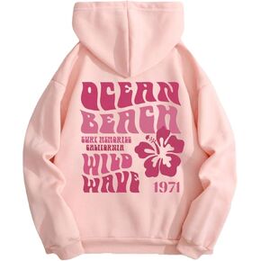 QJQ Women's Letter Graphic Drawstring Hoodie Flower Palm Beach Fleece Sweatshirt Casual Long Sleeve Thermal Pullovers Top in Saudi Arabia